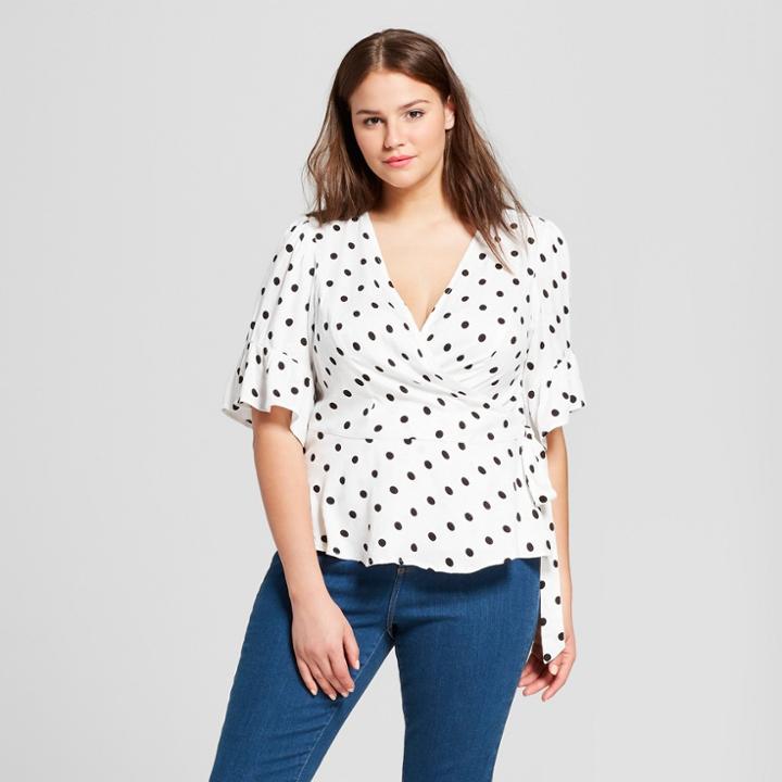 Women's Plus Size Polka Dot Short Sleeve Wrap Shirt - Xhilaration White/black