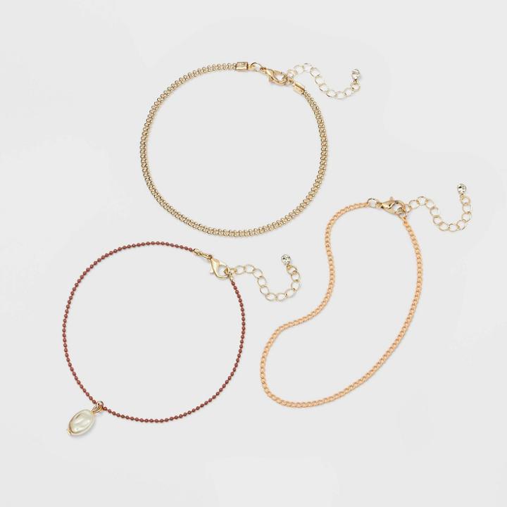 Pearl Drop Beaded Chain Anklet Set 3pc - A New Day Red