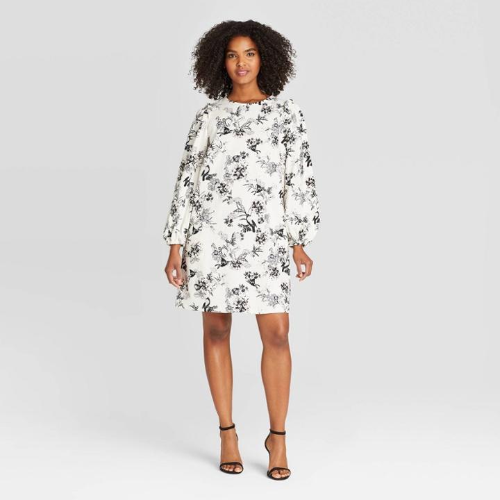 Women's Floral Print Long Sleeve Shift Dress - Who What Wear Cream Xs, Women's, Ivory