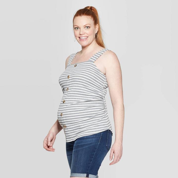 Maternity Striped Sleeveless Square Neck Button Front Tank Top - Isabel Maternity By Ingrid & Isabel Gray/white