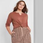 Women's Plus Size Long Sleeve V-neck Notch Front Cropped Boxy T-shirt - Wild Fable Brown
