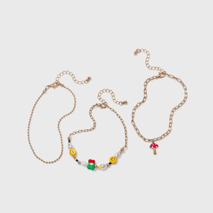Smiley Face Simulated Pearl And Mushroom Anklet Set 3pc - Wild Fable , Brown/white