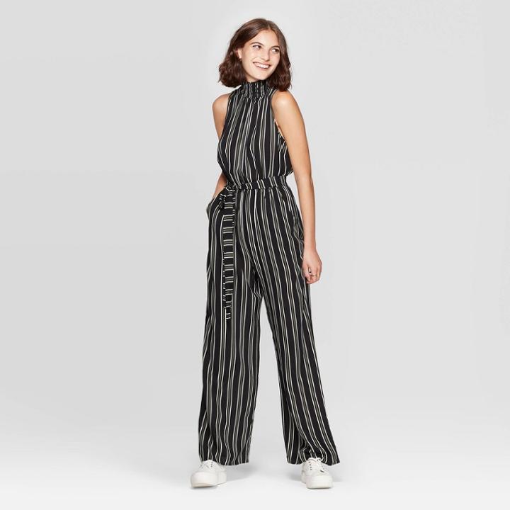 Women's Striped Sleeveless High Neck Belted Jumpsuit - Xhilaration Black