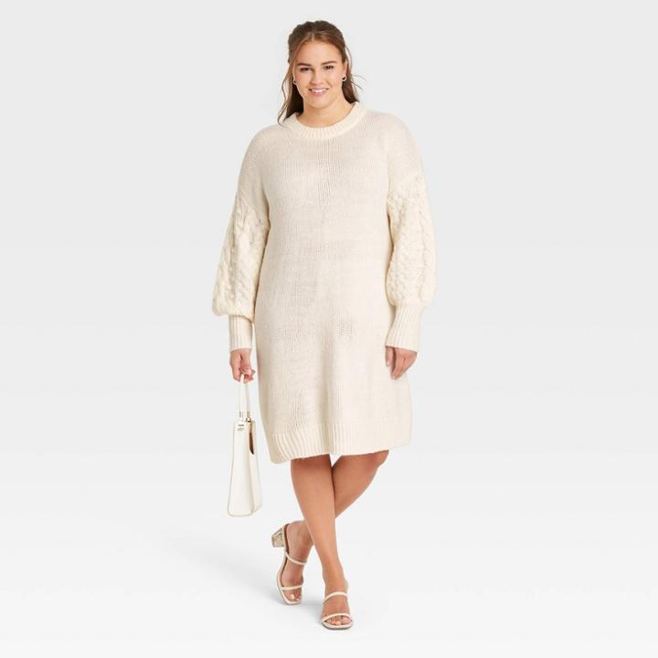 Women's Plus Size Long Sleeve Cable Knit Sweater Dress - A New Day Beige