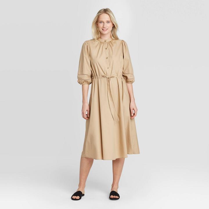 Women's Puff Elbow Sleeve Collared Shirtdress - Who What Wear Khaki Xs, Women's, Green