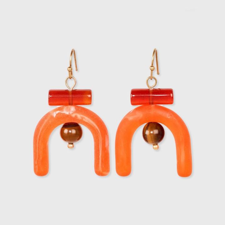 Bar Arc And Semi-precious Tiger's Eye Layered Drop Earrings - Universal Thread Orange