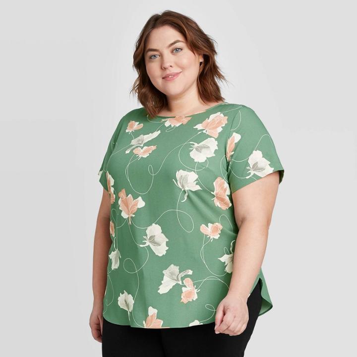 Women's Plus Size Floral Print Short Sleeve Crewneck Button Back Blouse - Ava & Viv Green X, Women's
