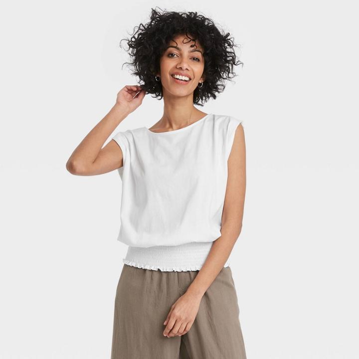 Women's Short Sleeve Boat Neck Smocked Hem T-shirt - A New Day White