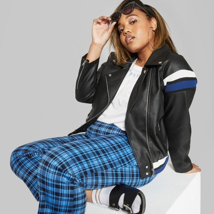 Women's Plus Size Faux Leather Moto Jacket With Striped Trim - Wild Fable Black