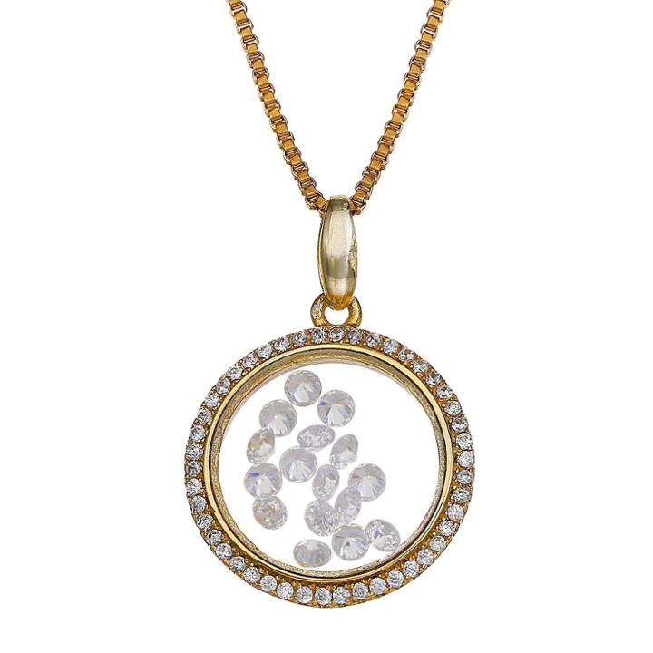 Target Sterling Silver Round Locket With Floating Clear Cubic Zirconia Necklace In