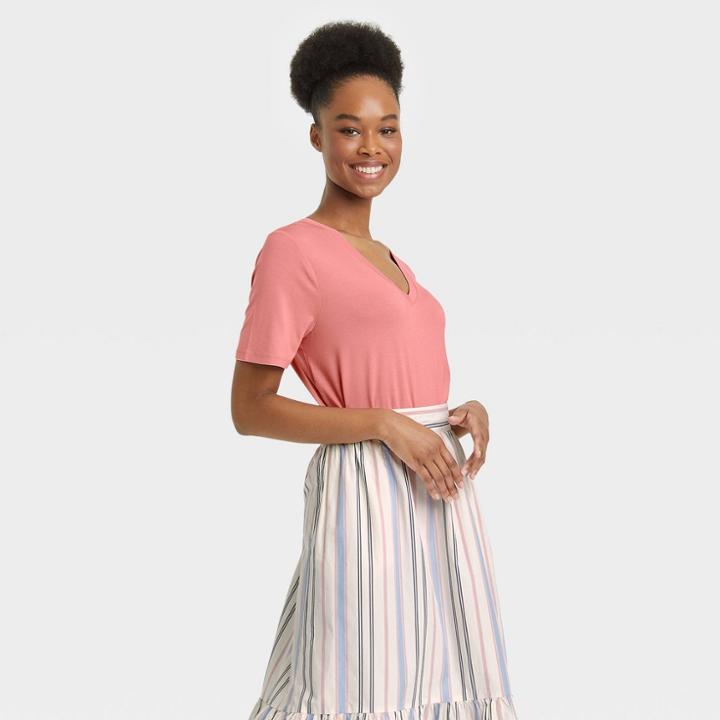 Women's Short Sleeve V-neck Drapey T-shirt - A New Day Pink