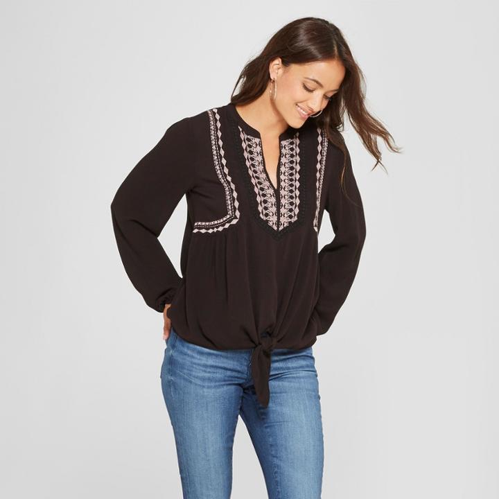 Women's Long Sleeve Embroidered Tie Front Top - Knox Rose Black