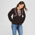 Women's Long Sleeve Embroidered Tie Front Top - Knox Rose Black