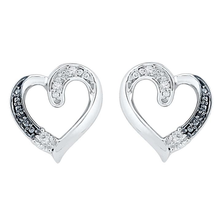 Distributed By Target 0.030 Ct. T.w. Round-cut Black And White Diamond Heart Prong Set Earring In Sterling Silver (ij-i2-i3), Women's