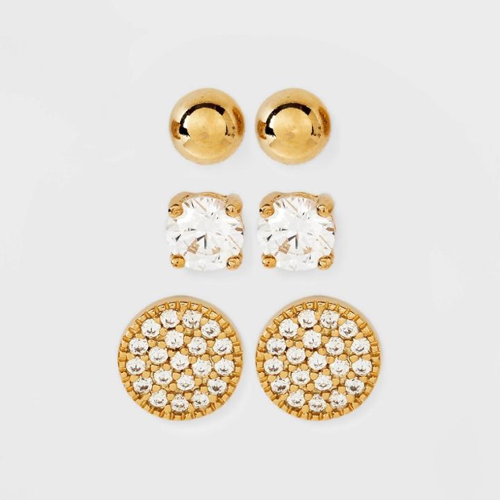 14k Gold Plated Cubic Zirconia Ball Pave Trio Stud Earring Set - A New Day Gold
