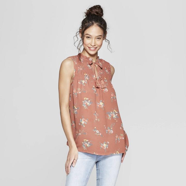 Women's Floral Print Turtleneck Smocked Tank Top With Tassels - Xhilaration Brown