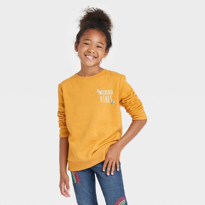 Girls' Crewneck Fleece Pullover Sweatshirt - Cat & Jack Mustard