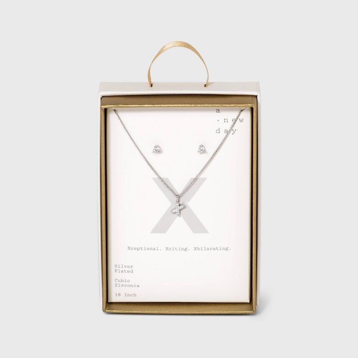 Silver Plated Cubic Zirconia Pave Initial Pendant Necklace And Earring Set - A New Day Initial X