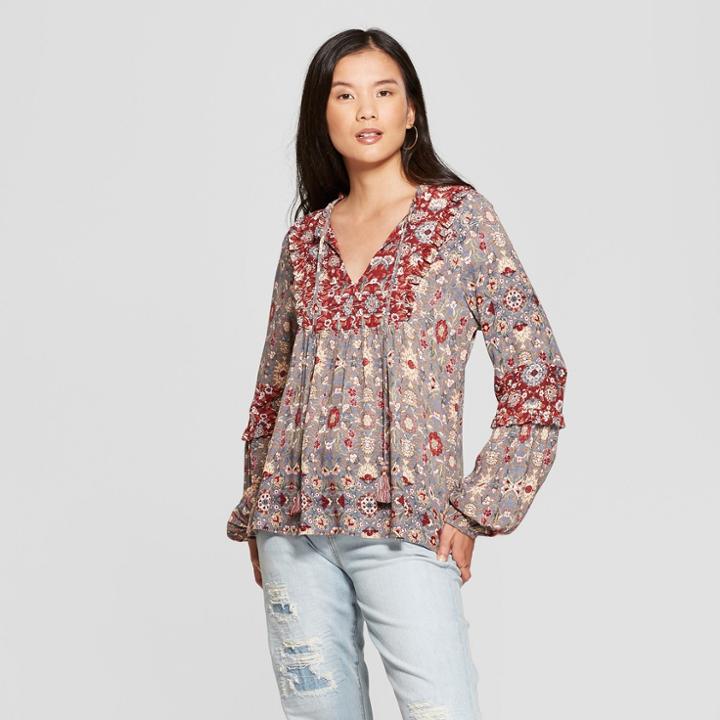 Women's Floral Print Long Sleeve Peasant Top - Knox Rose Gray