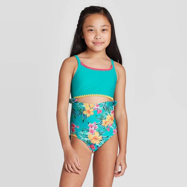 Girls' Side-tie Floral Print One Piece Swimsuit - Art Class Turquoise Xs,