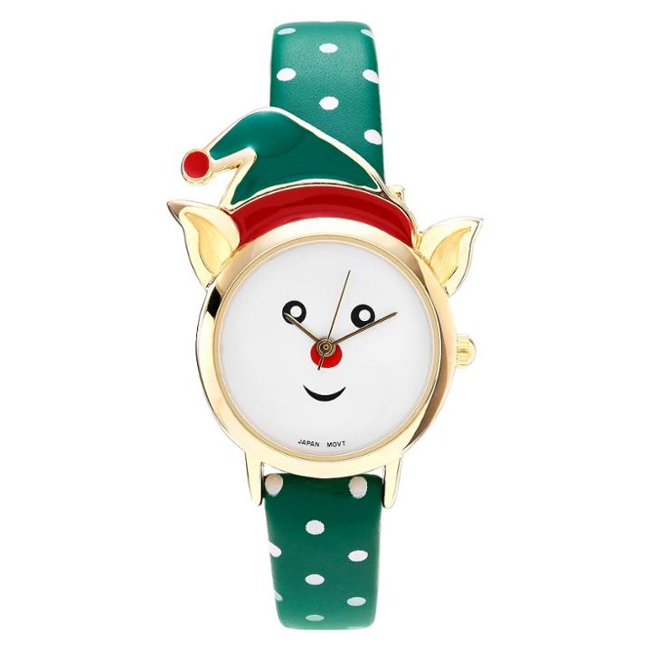 Women's Geneva Platinum Elf Face Leather Strap Watch - Green