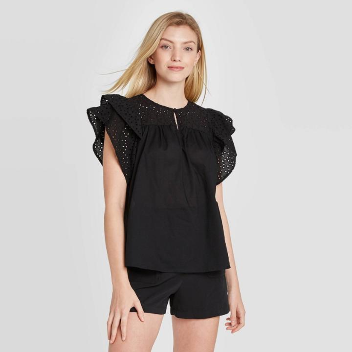 Women's Short Sleeve Eyelet Top - A New Day Black