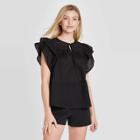Women's Short Sleeve Eyelet Top - A New Day Black