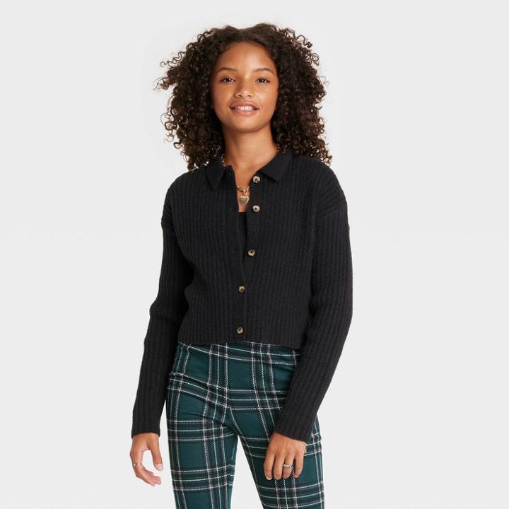 Girls' Fuzzy Collared Cardigan Sweater - Art Class Black