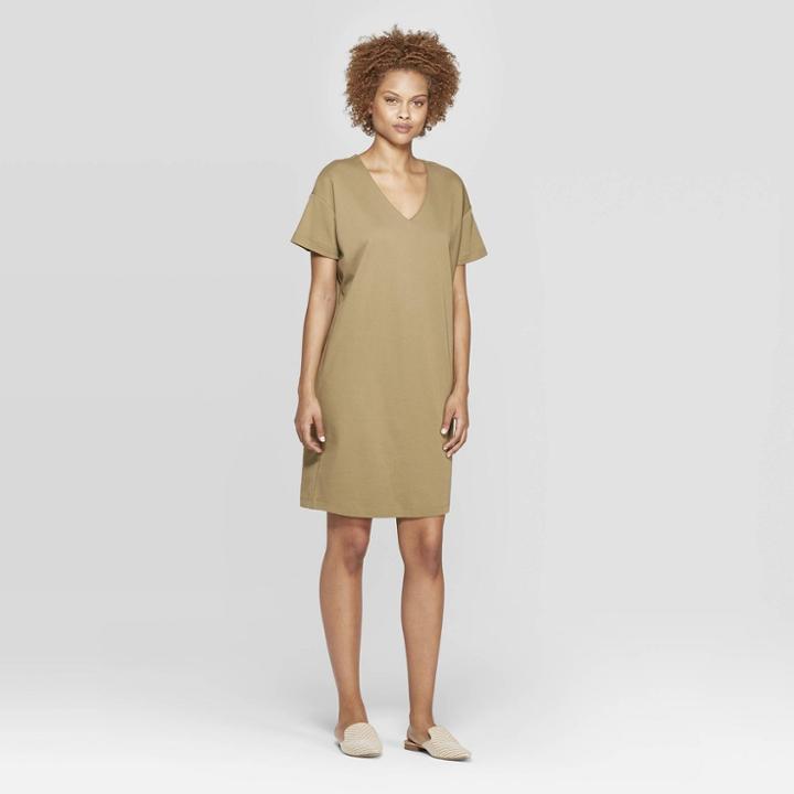Women's Short Sleeve V-neck Shirtdress - Prologue Olive (green)