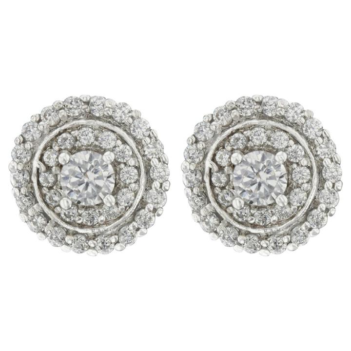 Button Post Earrings Plated Brass Round 2 Rows Halo -