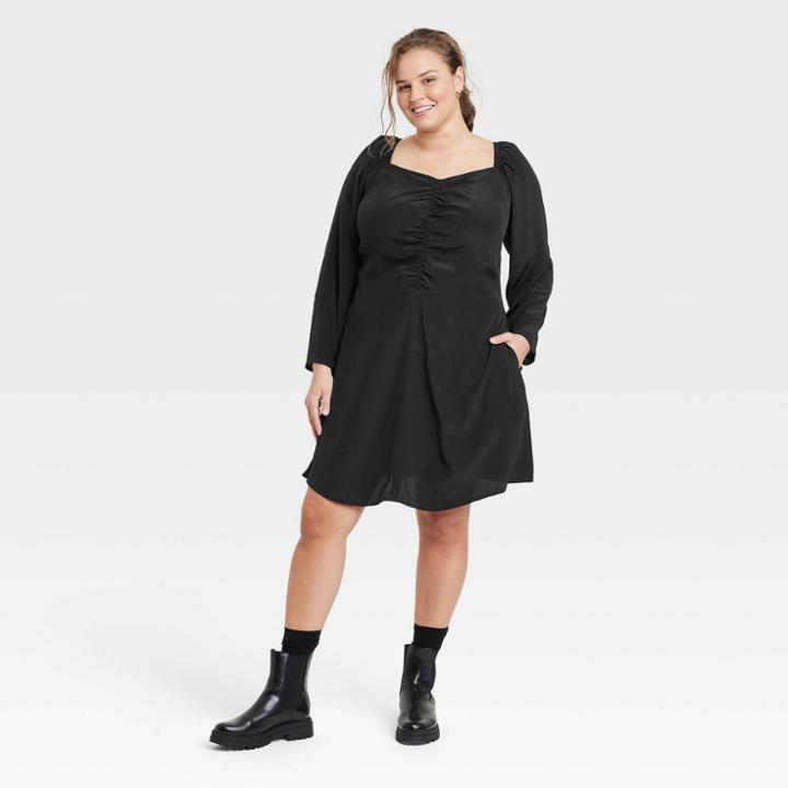 Women's Plus Size Puff Long Sleeve Ruched Front Dress - A New Day Black