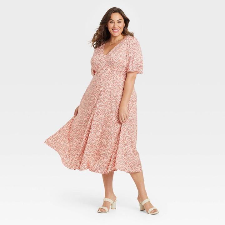 Women's Plus Size Short Sleeve Button-front Dress - Ava & Viv Orange Floral