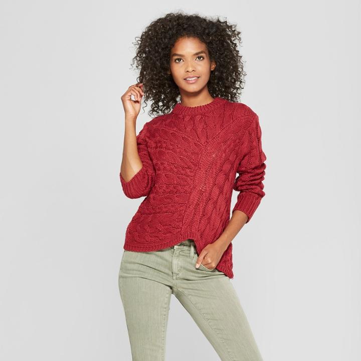 Women's Long Sleeve Asymmetrical Pull Over Sweater - Cliche Red