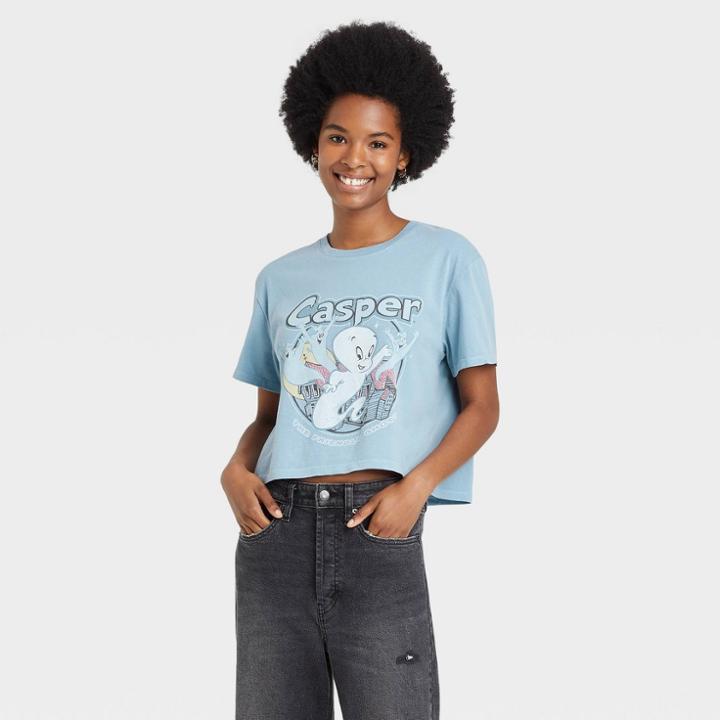 Women's Casper Halloween Short Sleeve Cropped Graphic T-shirt - Blue
