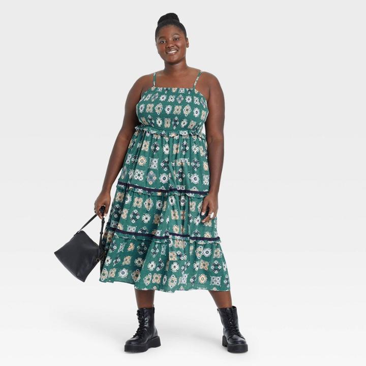 Women's Plus Size Sleeveless Tiered Dress - Universal Thread Teal Green Ikat Print