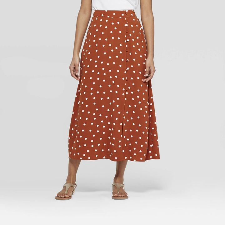 Women's Polka Dot Mid-rise Button Front Maxi Skirt - A New Day Rust