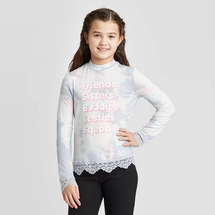 Girls' Long Sleeve Lace Trim Top - Art Class Blue
