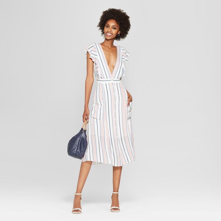 Women's Striped Short Sleeve Midi Dress - Needlework Blush Xs, Size: Medium, Blue Pink