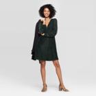 Women's Long Sleeve V-neck Velour A-line Dress - A New Day Green