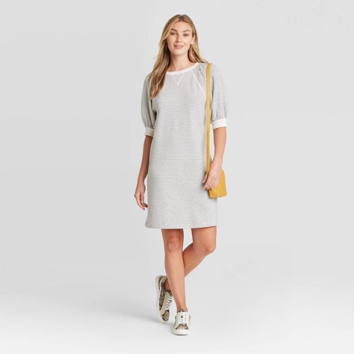 Women's Striped Puff Short Sleeve T-shirt Dress - Universal Thread Black/cream Xs, Black/ivory