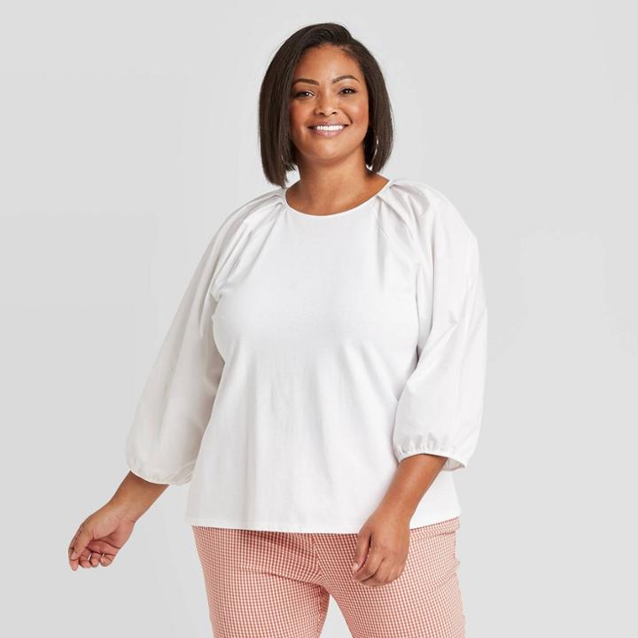 Women's Long Sleeve Round Neck Mixed Poplin T-shirt - A New Day White