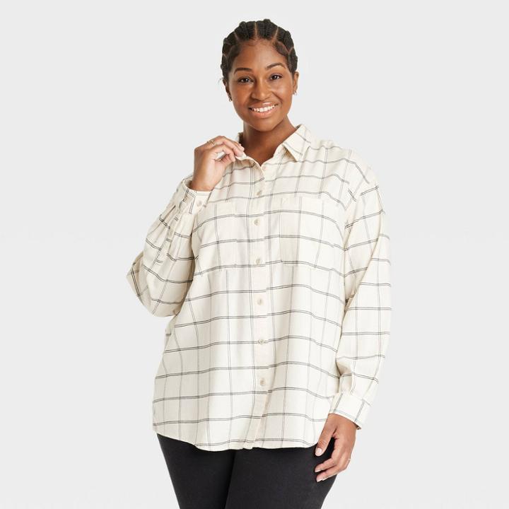 Women's Plus Size Long Sleeve Button-down Flannel Tunic Shirt - Ava & Viv Cream Plaid X, Ivory Plaid