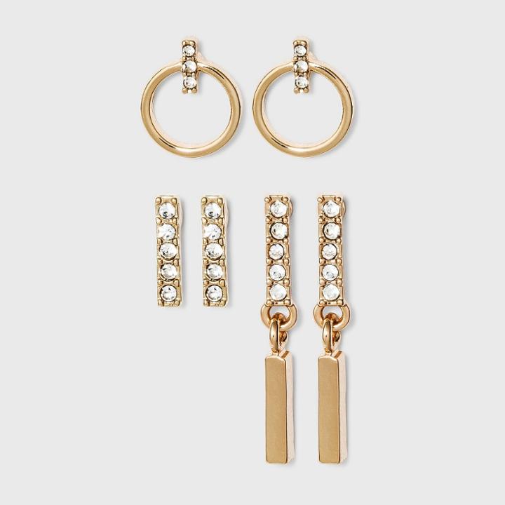 Small Hoop Linear Drop Bar Stud Earring Set 3pc - A New Day Gold