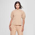 Women's Short Balloon Sleeve Mock Neck Blouse - Prologue Tan