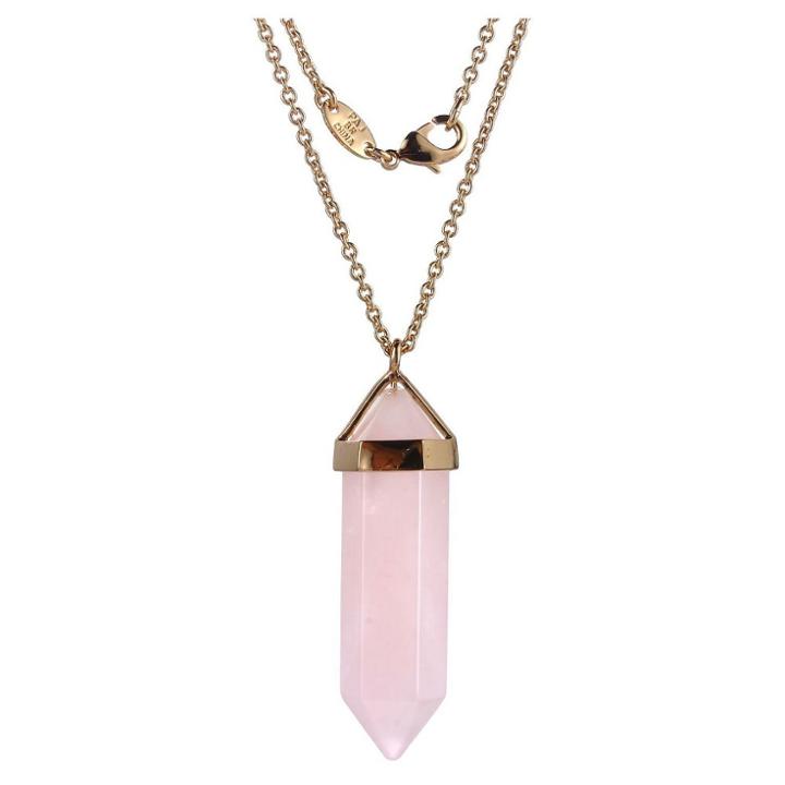 Prime Art & Jewel 18k Gold Over Fine Silver Plated Bronze Genuine Rose Quartz Chakra Point Necklace - 24 + 2 Extender, Girl's, Pink Quartz