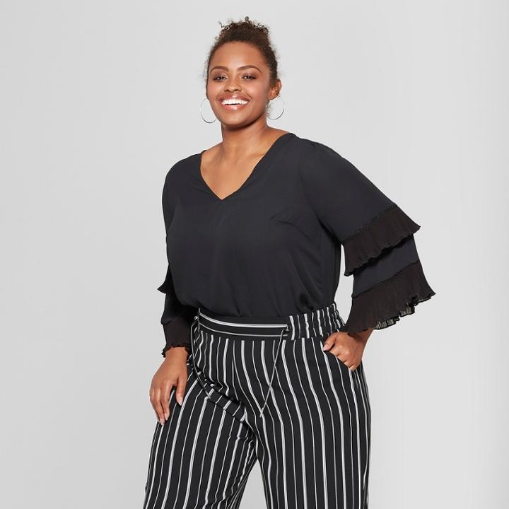 Women's Plus Size Pleated Long Sleeve Blouse - Ava & Viv Black