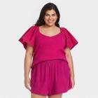 Women's Plus Size Flutter Short Sleeve Ribbed Blouse - Ava & Viv Magenta X, Pink