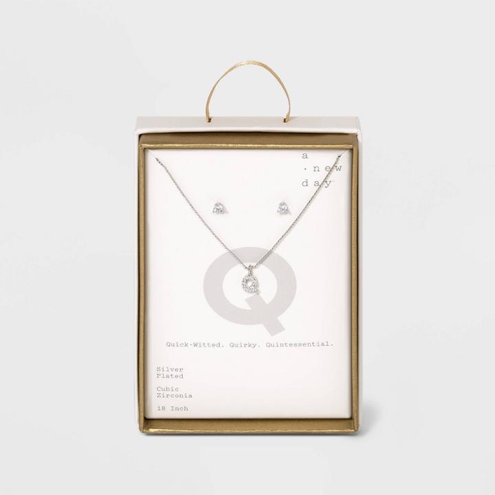 Silver Plated Cubic Zirconia Pave Initial Pendant Necklace And Earring Set - A New Day Initial Q