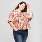 Women's Plus Size Floral Print Soft Woven Short Sleeve Top - Ava & Viv Peach X, Beige