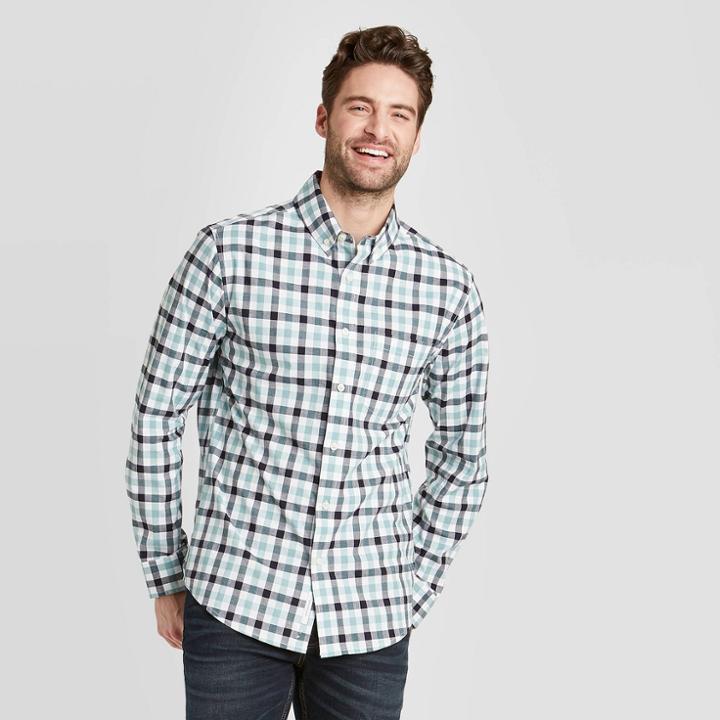 Men's Standard Fit Long Sleeve Poplin Button-down Shirt - Goodfellow & Co Sea Blue S, Men's, Size: Small, Blue Blue